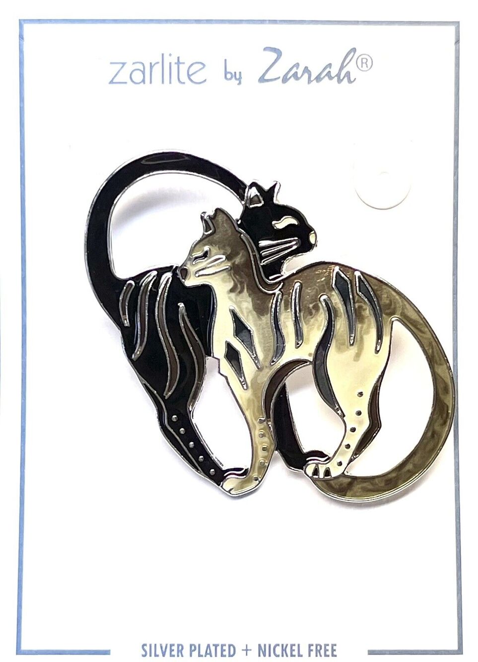 Zarah Looking Back Cat Brooch Cats Pin Silver Plated Enamel